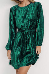 Velvet Round Neck Tie Waist Long Sleeve Mini Dress - Trendsi - Flyclothing LLC