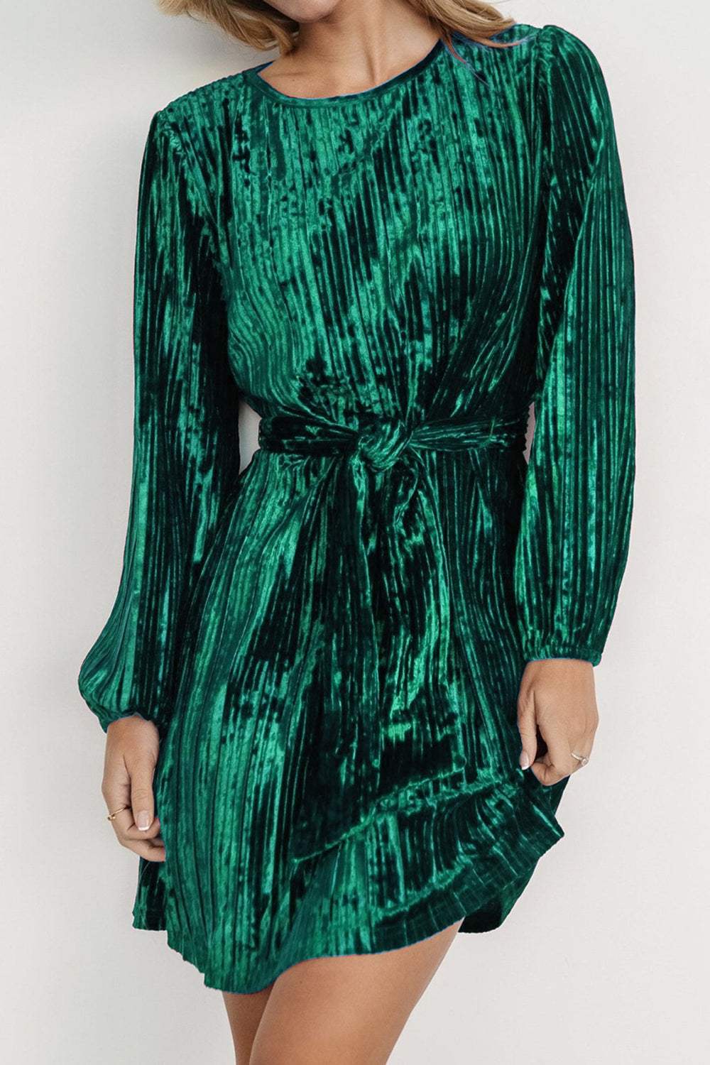 Velvet Round Neck Tie Waist Long Sleeve Mini Dress - Trendsi - Flyclothing LLC
