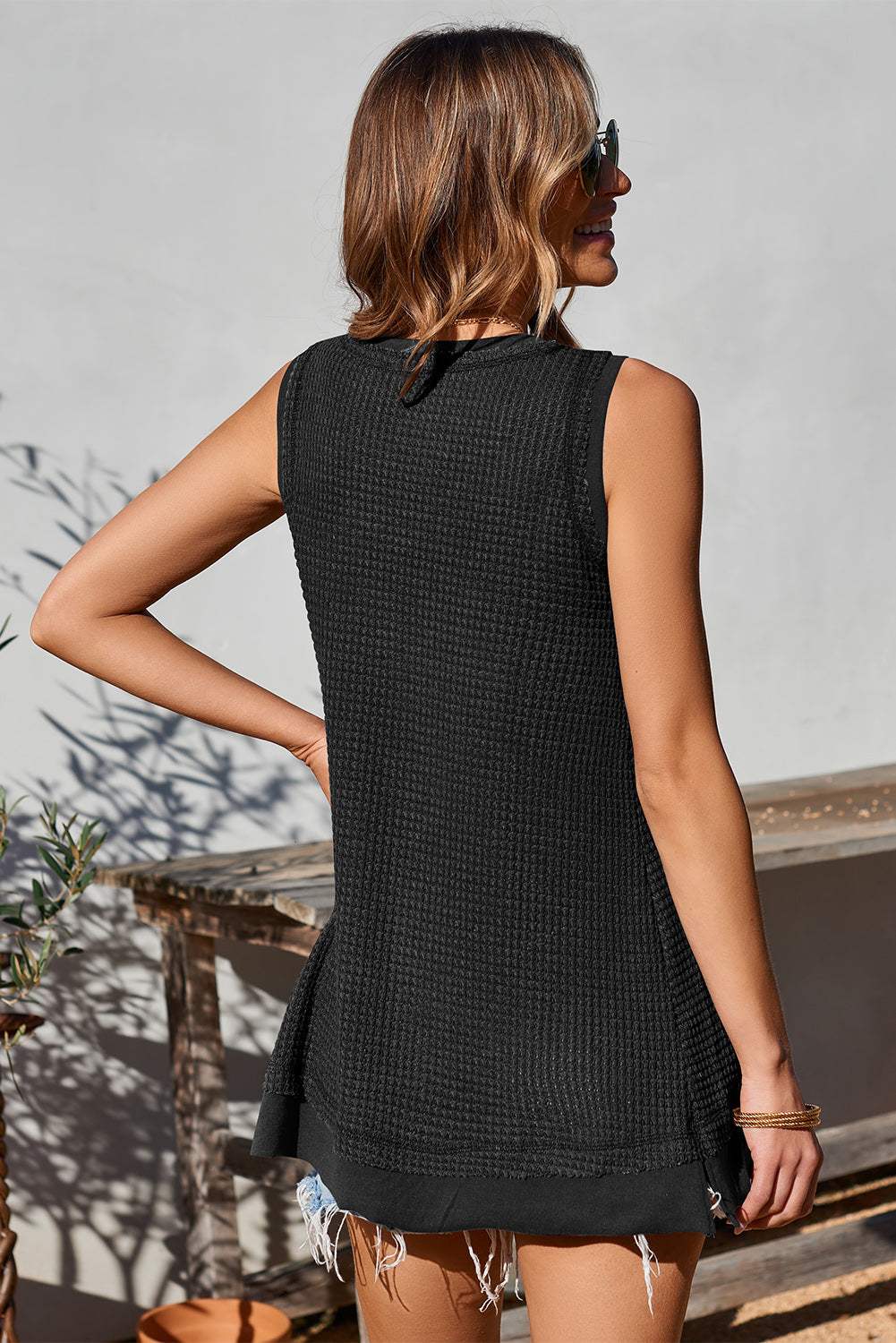 Waffle-Knit Wide Strap Tank - Trendsi - Flyclothing LLC