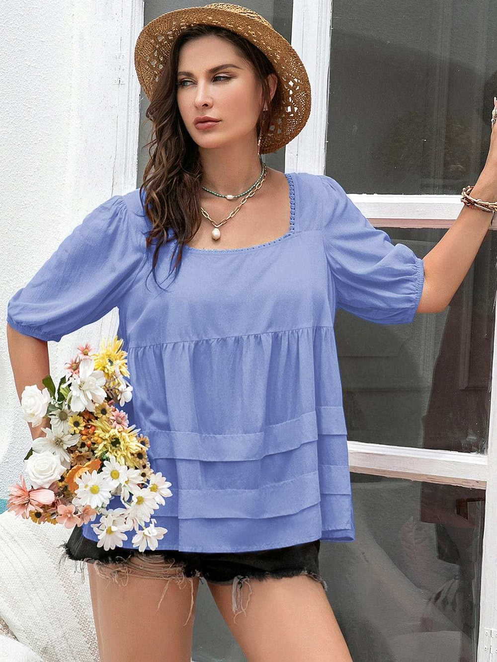 Plus Size Square Neck Half Sleeve Blouse - Trendsi - Flyclothing LLC