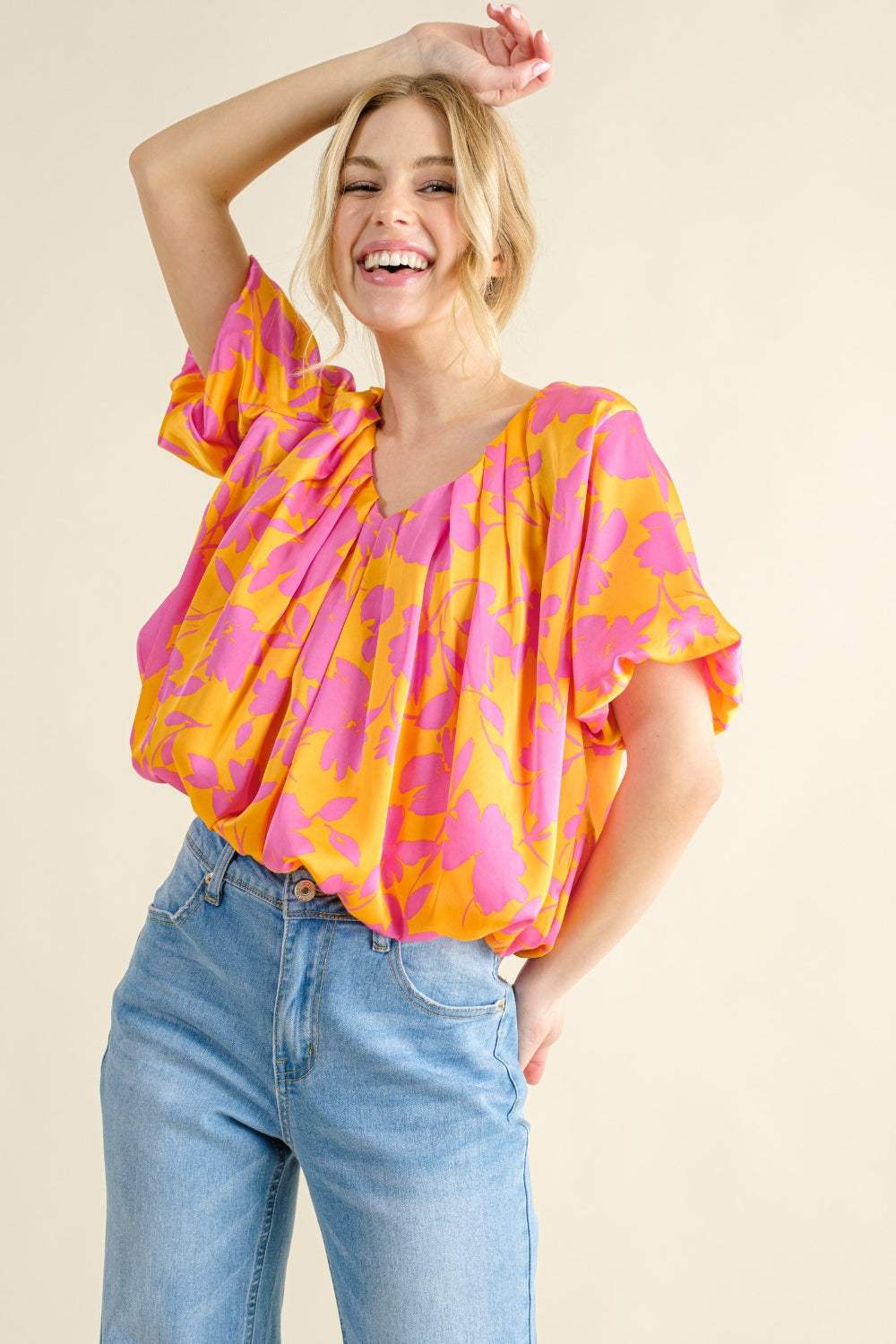 And The Why Full Size Printed Satin Bubble Hem Top - Trendsi - Flyclothing LLC