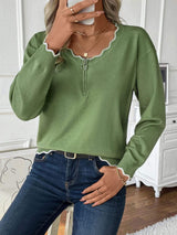Contrast Trim Quarter Zip Long Sleeve Knit Top - Trendsi - Flyclothing LLC