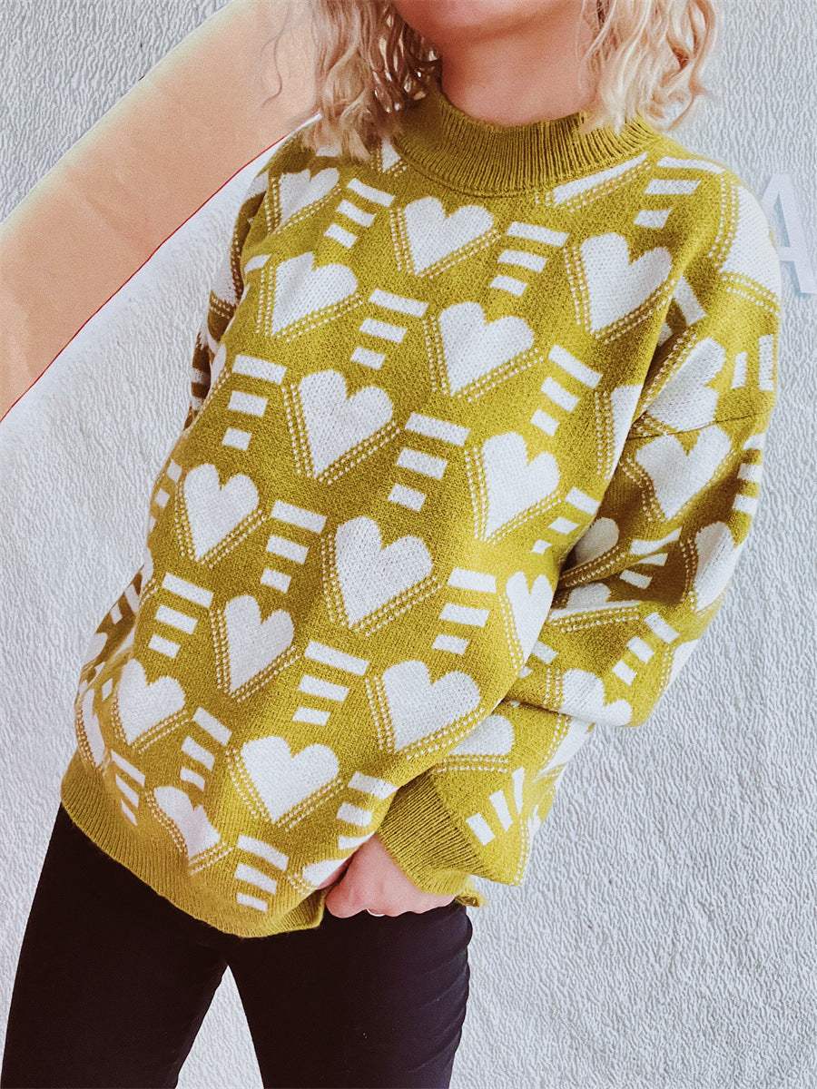 Heart Contrast Long Sleeve Dropped Shoulder Sweater - Trendsi - Flyclothing LLC
