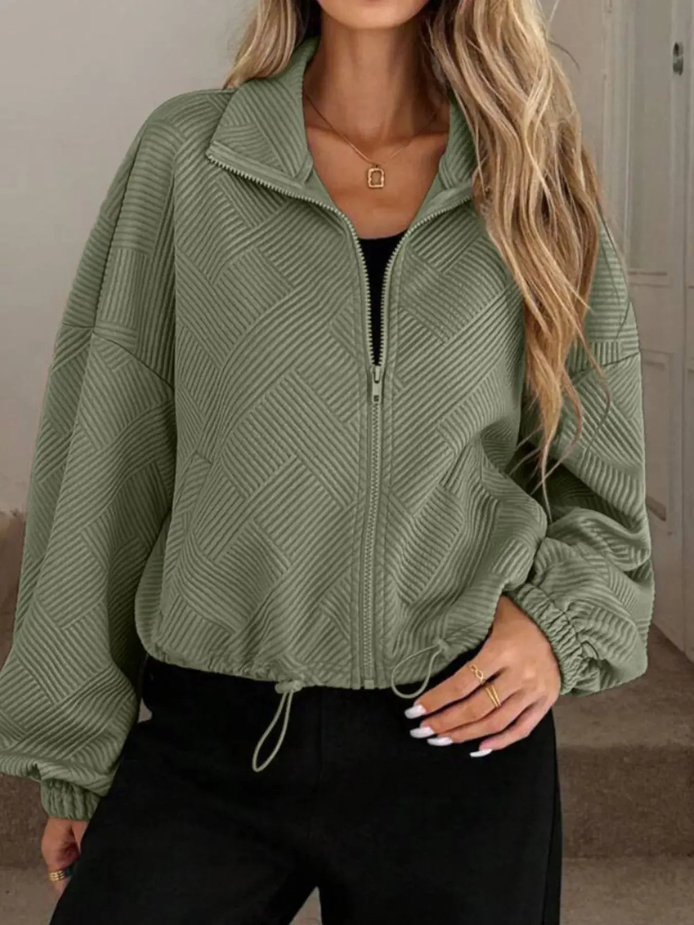 Textured Zip-Up Drawstring Hem Jacket - Trendsi - Flyclothing LLC