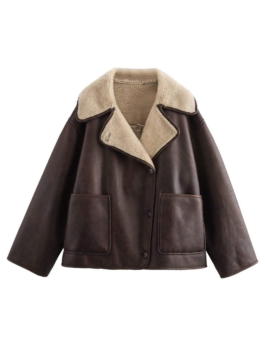 Collared Neck Long Sleeve Plush Jacket - Trendsi - Flyclothing LLC