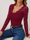 Lace Wavy Hem V-Neck Long Sleeve Top - Trendsi - Flyclothing LLC