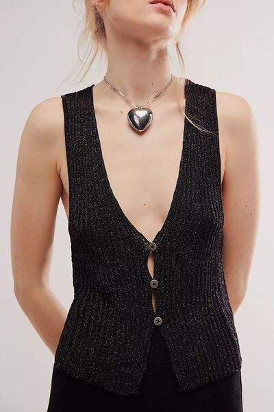 Button Down V-Neck Sweater Vest - Trendsi - Flyclothing LLC