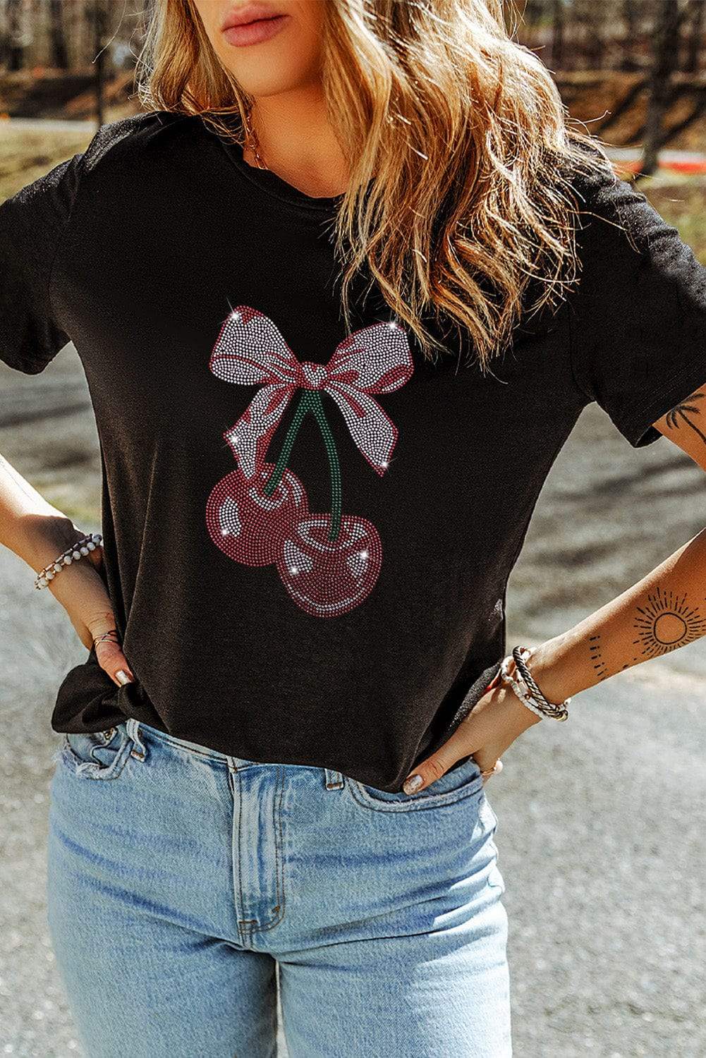 Cherry Graphic Round Neck Short Sleeve T-Shirt - Trendsi - Flyclothing LLC
