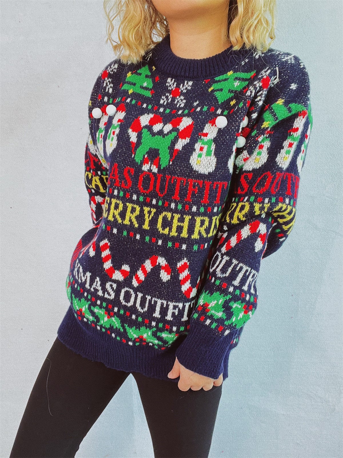 Christmas Pattern Round Neck Long Sleeve Sweater - Trendsi