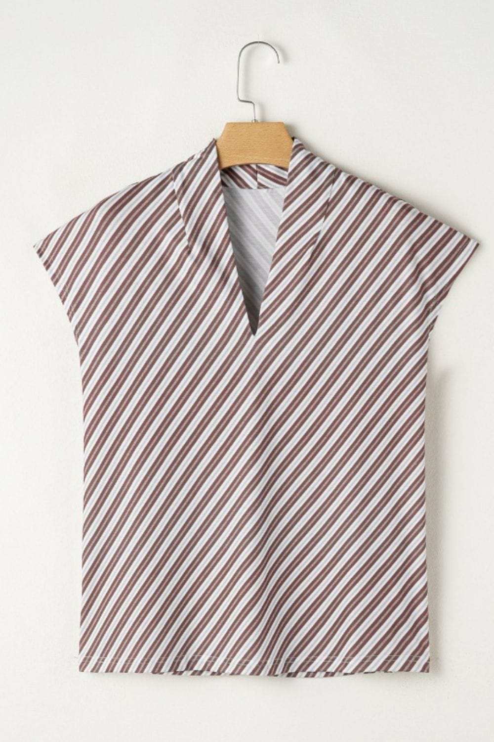 Striped V Neck Cap Sleeve Blouse - Trendsi - Flyclothing LLC