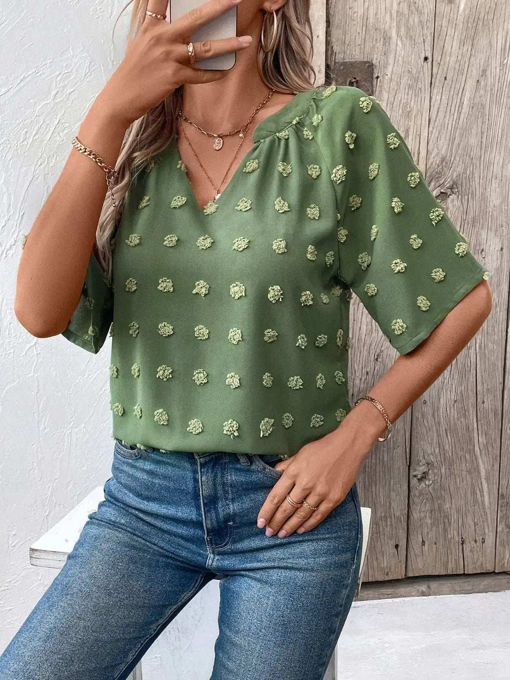 Swiss Dot Notched Half Sleeve Blouse - Trendsi - Flyclothing LLC