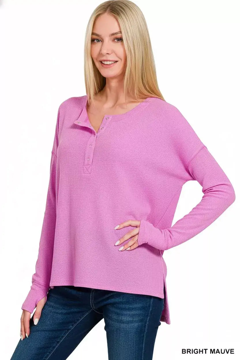 Zenana Waffle Thumb Hole Cuffs Henley Tee - Trendsi - Flyclothing LLC