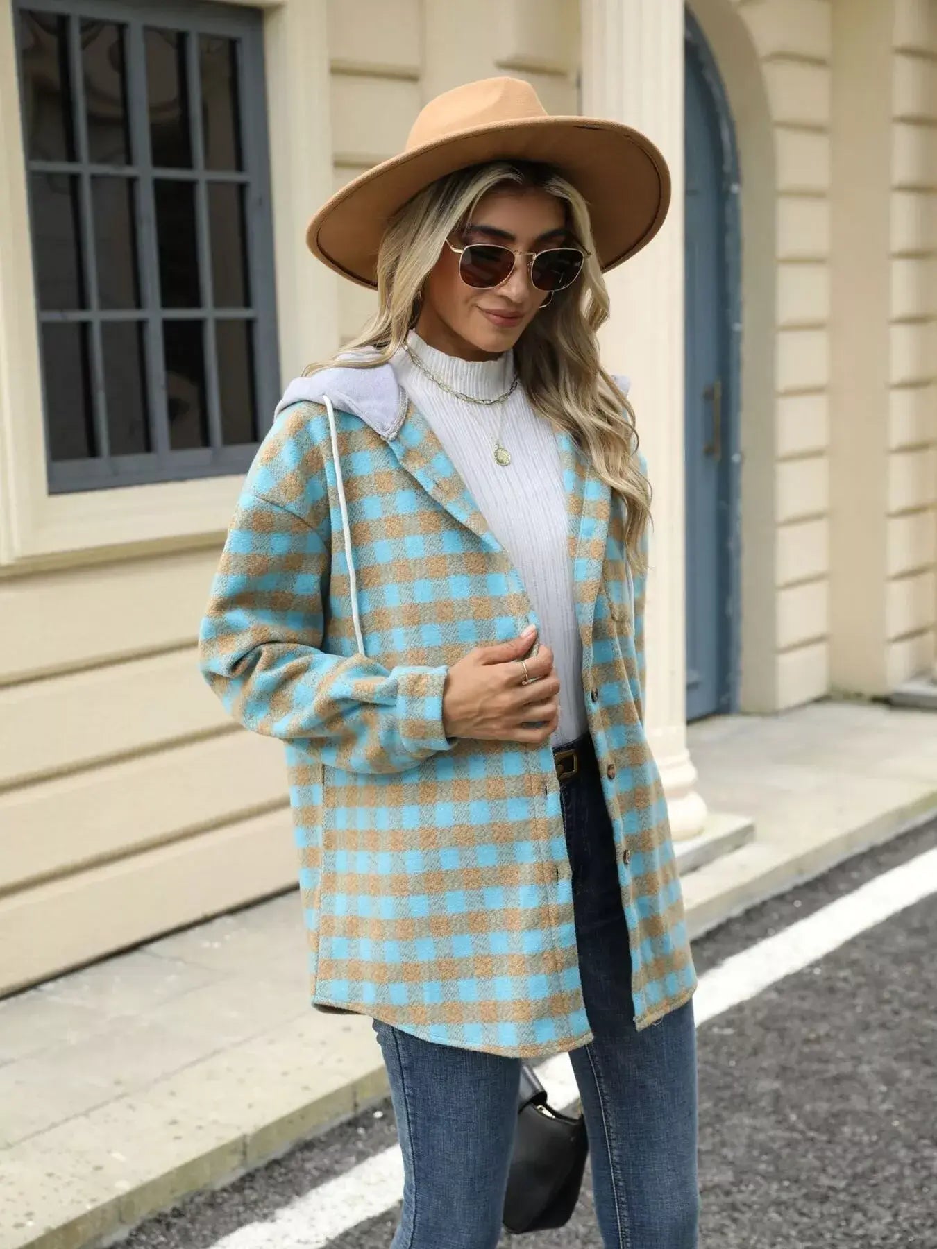 Plaid Button Up Long Sleeve Drawstring Hooded Jacket - Trendsi - Flyclothing LLC