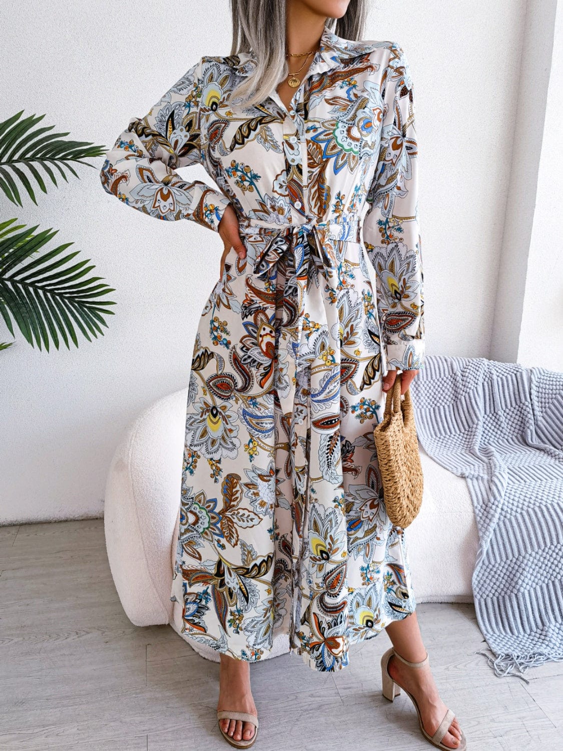 Tied Printed Long Sleeve Midi Dress - Trendsi