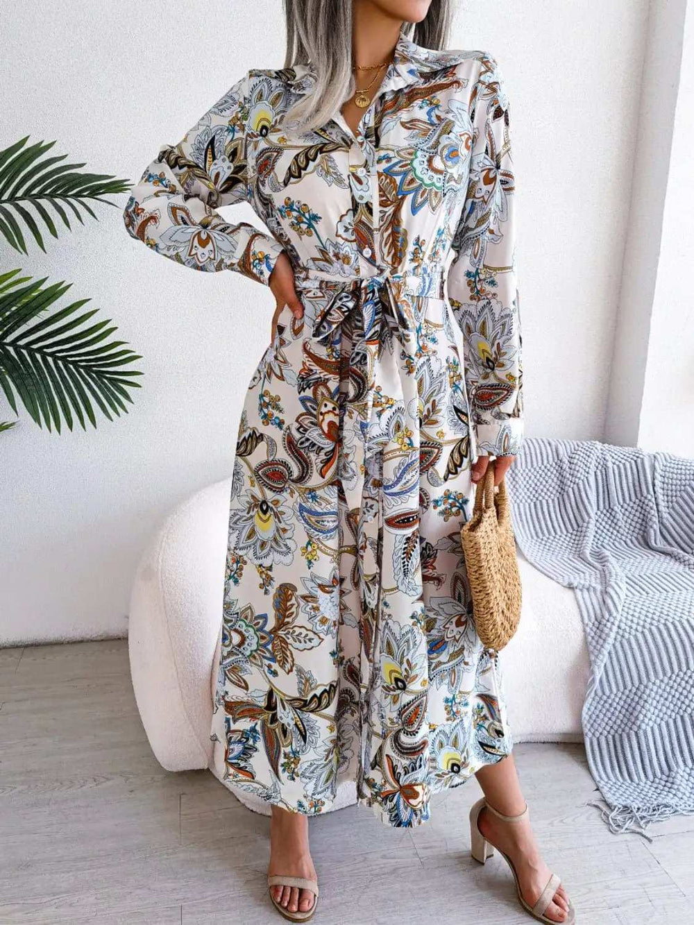 Tied Printed Long Sleeve Midi Dress - Trendsi - Flyclothing LLC