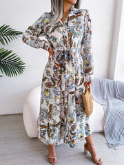 Tied Printed Long Sleeve Midi Dress - Trendsi