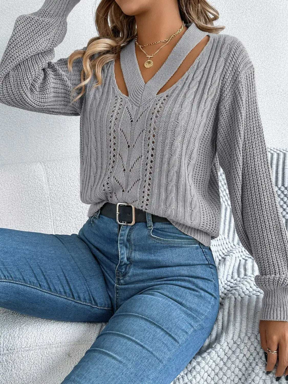 Cutout V-Neck Long Sleeve Sweater - Trendsi - Flyclothing LLC
