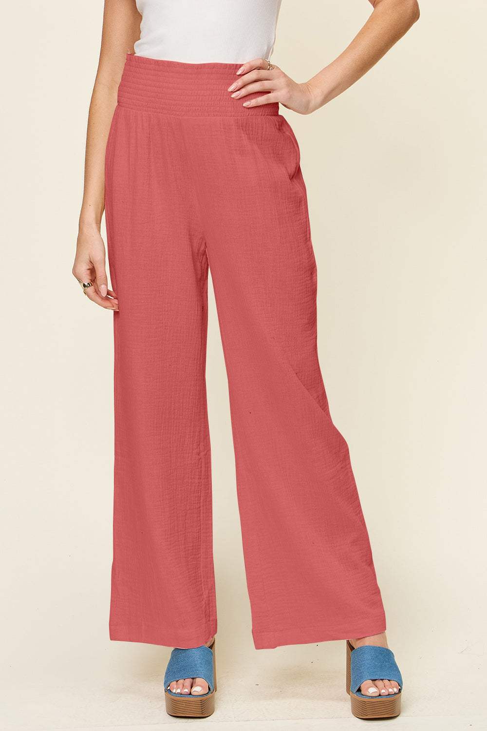 Double Take Full Size Texture Smocked Waist Wide Leg Pants - Trendsi - Flyclothing LLC