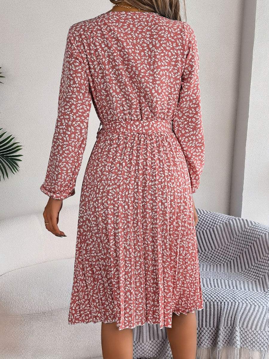 Ditsy Floral Tie Waist Pleated Dress - Trendsi - Flyclothing LLC