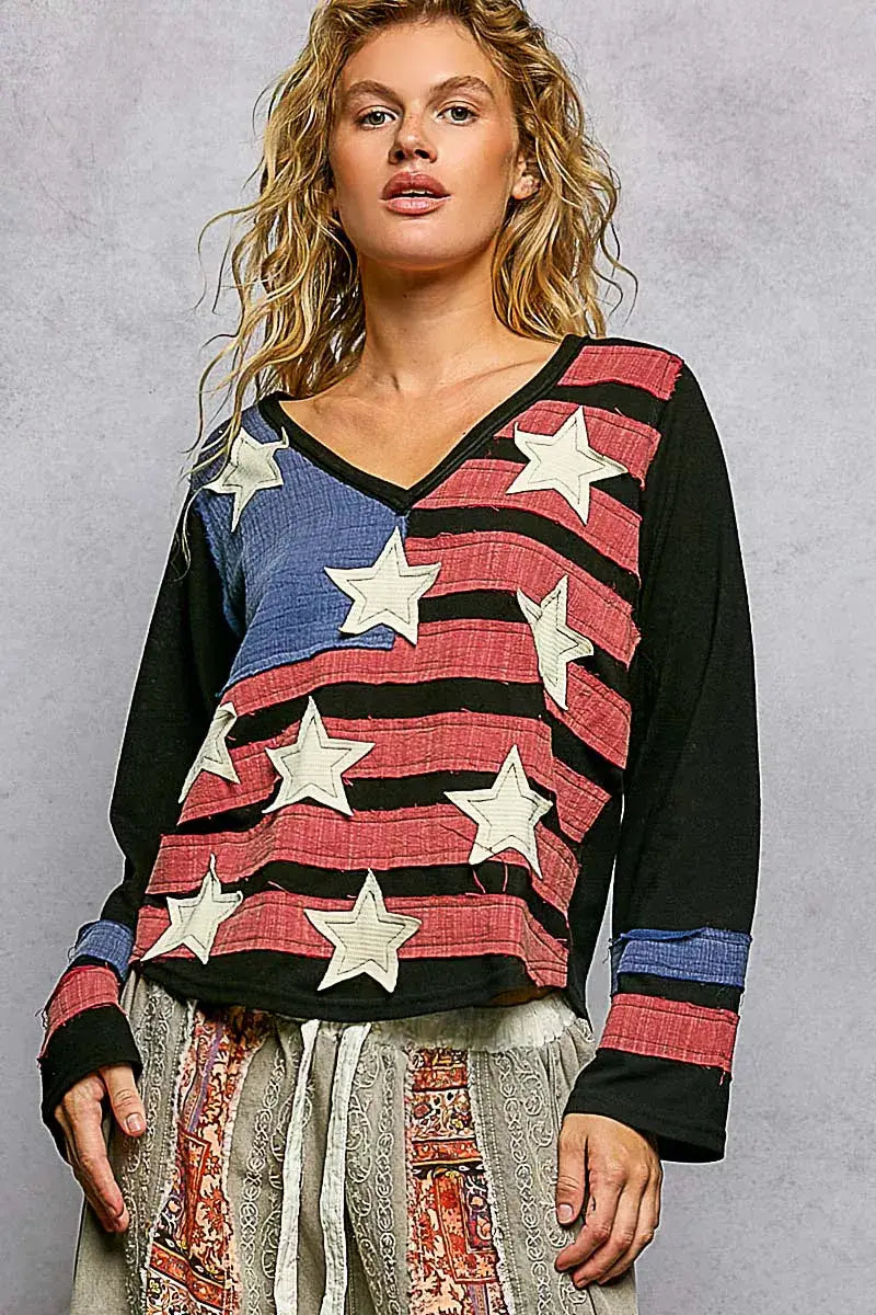 POL Double Gauze American Flag Patch V-Neck Long Sleeve T-Shirt - Trendsi - Flyclothing LLC