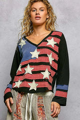 POL Double Gauze American Flag Patch V-Neck Long Sleeve T-Shirt - Trendsi - Flyclothing LLC