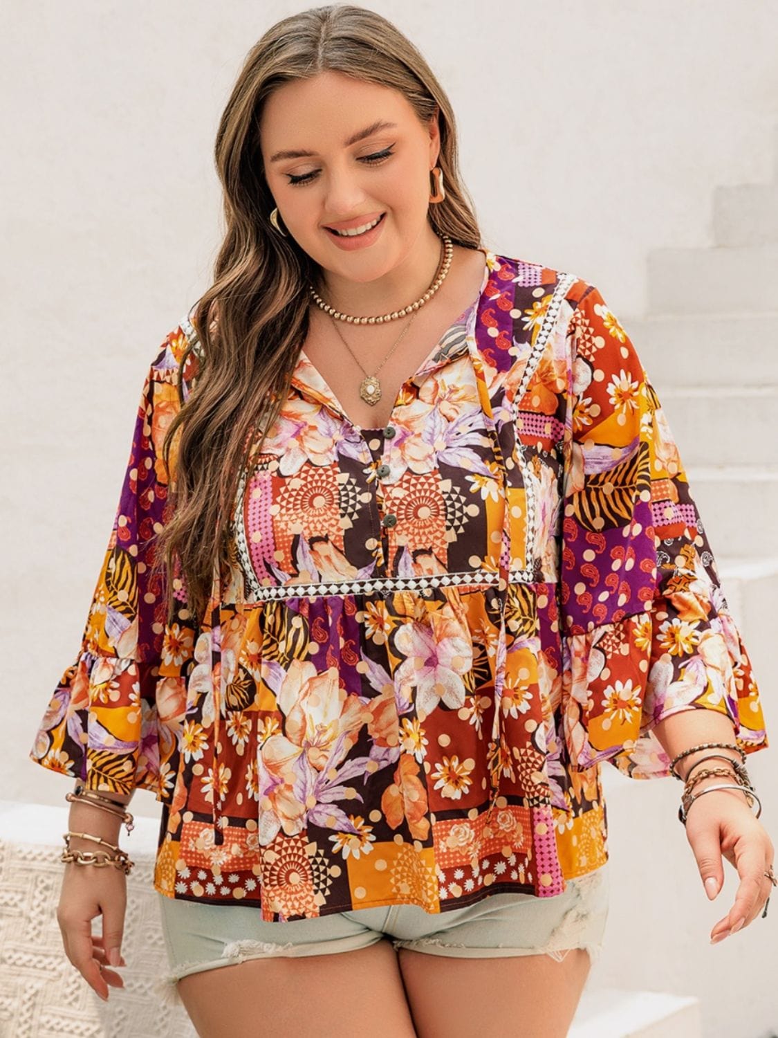 Plus Size Printed Tie Neck Blouse - Trendsi