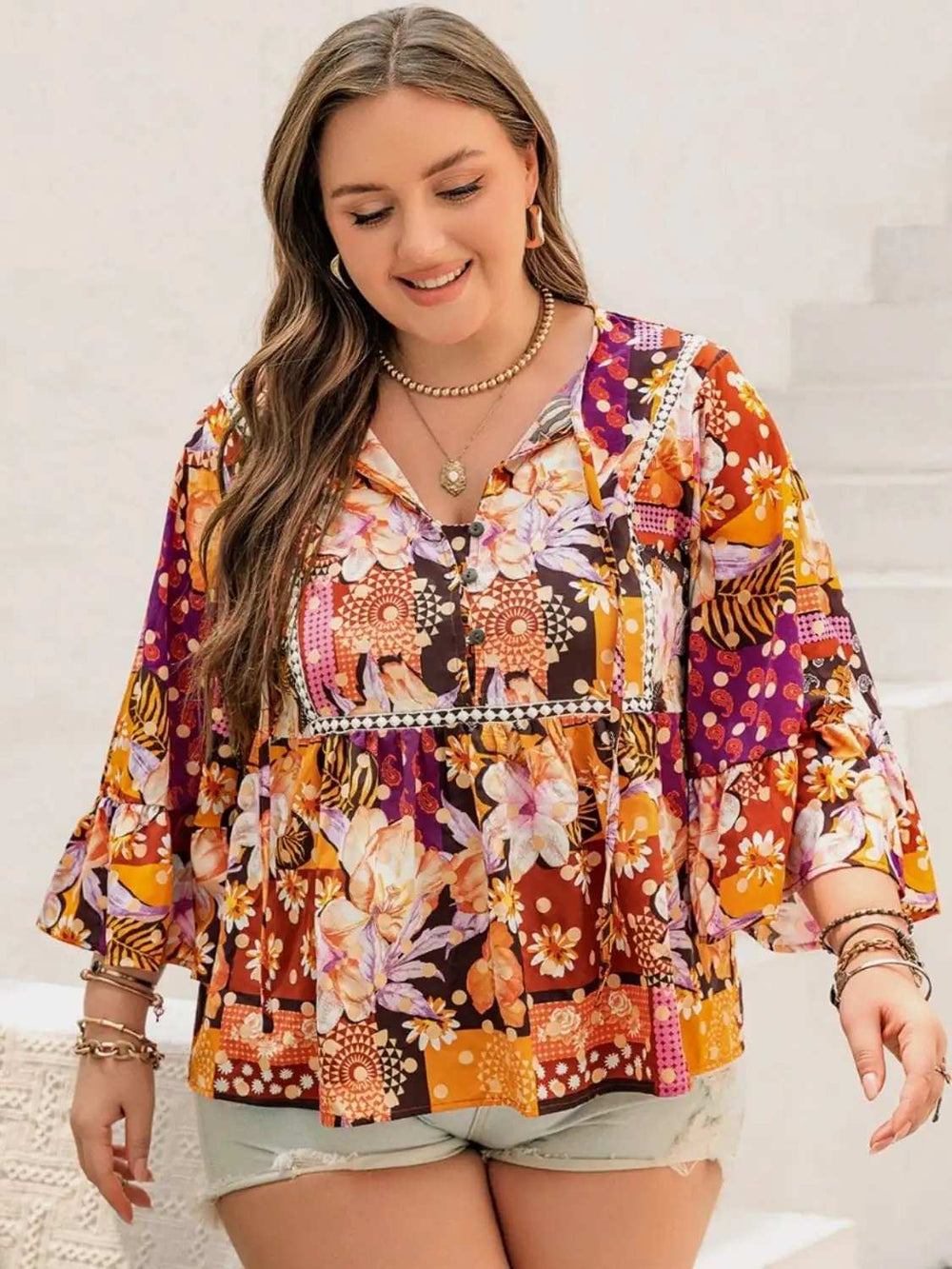 Plus Size Printed Tie Neck Blouse - Trendsi - Flyclothing LLC