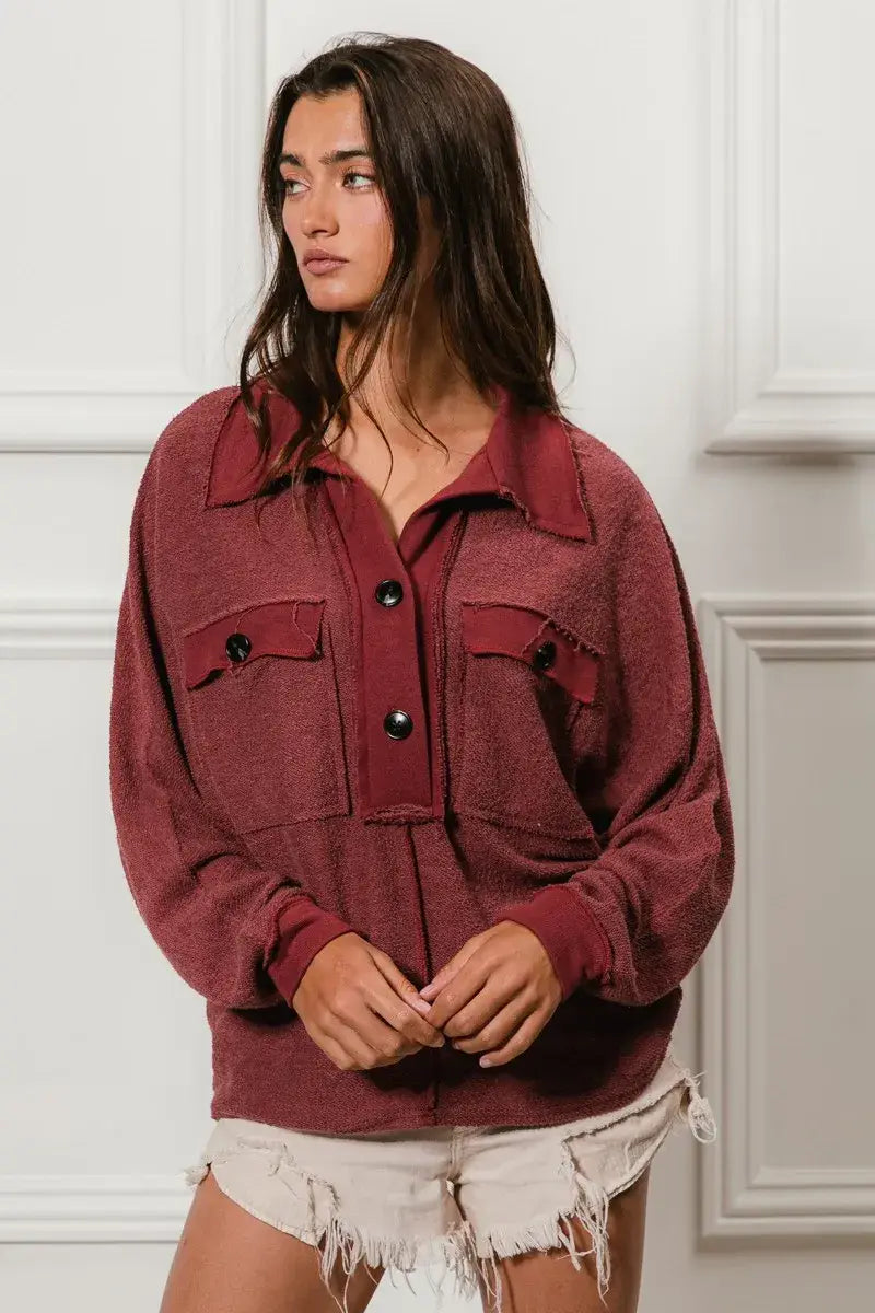 BiBi Cp French Terry Cut Edge Detail Collared Top - Trendsi - Flyclothing LLC