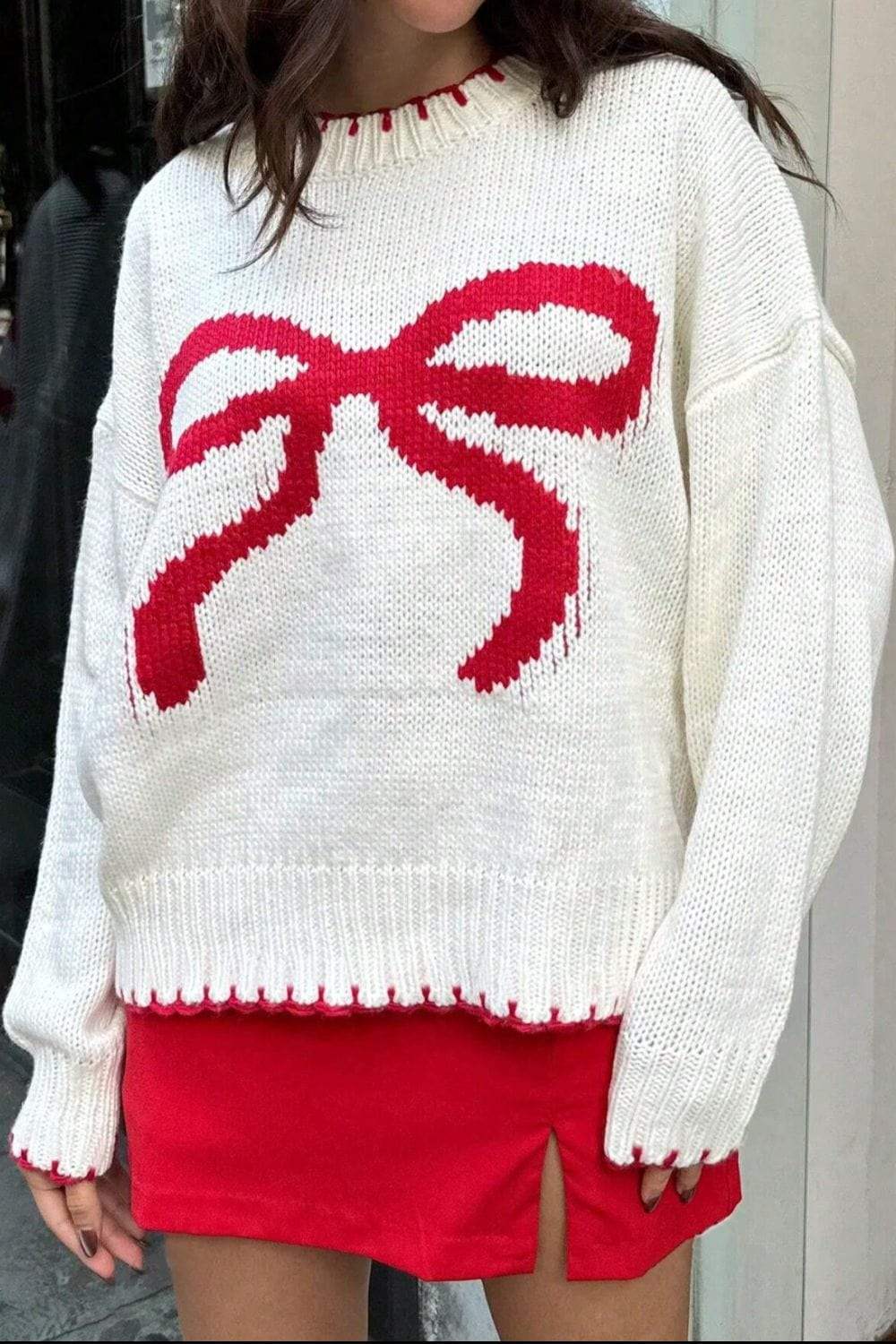 Bow Graphic Round Neck Long Sleeve Sweater - Trendsi - Flyclothing LLC