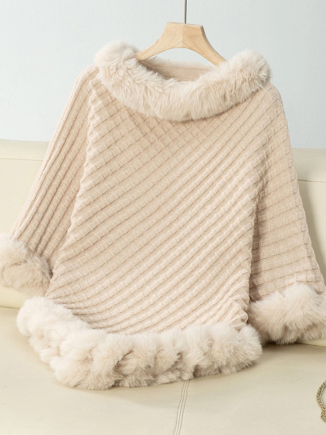 Fuzzy Trim Texture Three-Quarter Sleeve Poncho - Trendsi