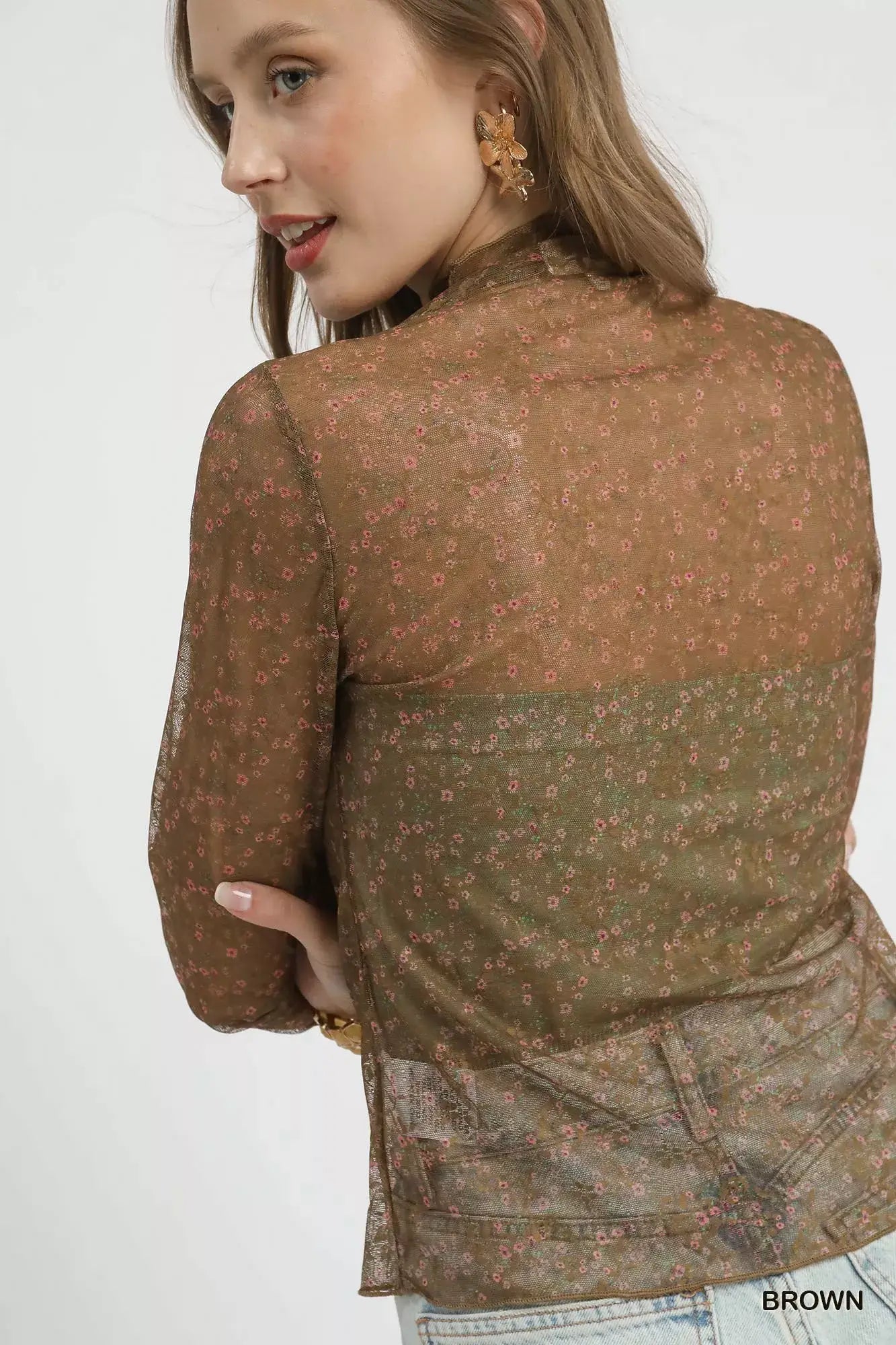 Umgee Nylon Lace Mesh Long Sleeve Top - Trendsi - Flyclothing LLC