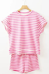 Striped Round Neck T-Shirt and Drawstring Shorts Set - Trendsi - Flyclothing LLC