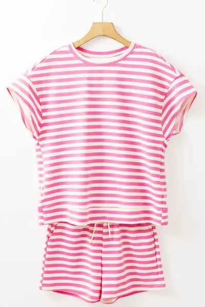 Striped Round Neck T-Shirt and Drawstring Shorts Set - Trendsi - Flyclothing LLC