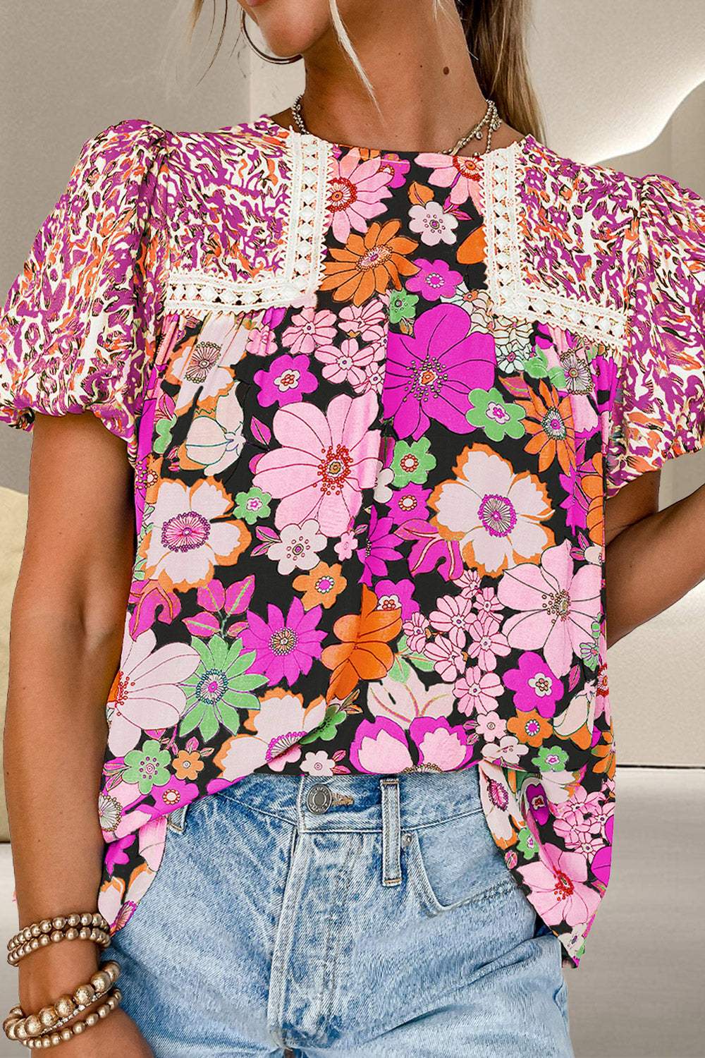 Printed Round Neck Puff Sleeve Blouse - Trendsi - Flyclothing LLC