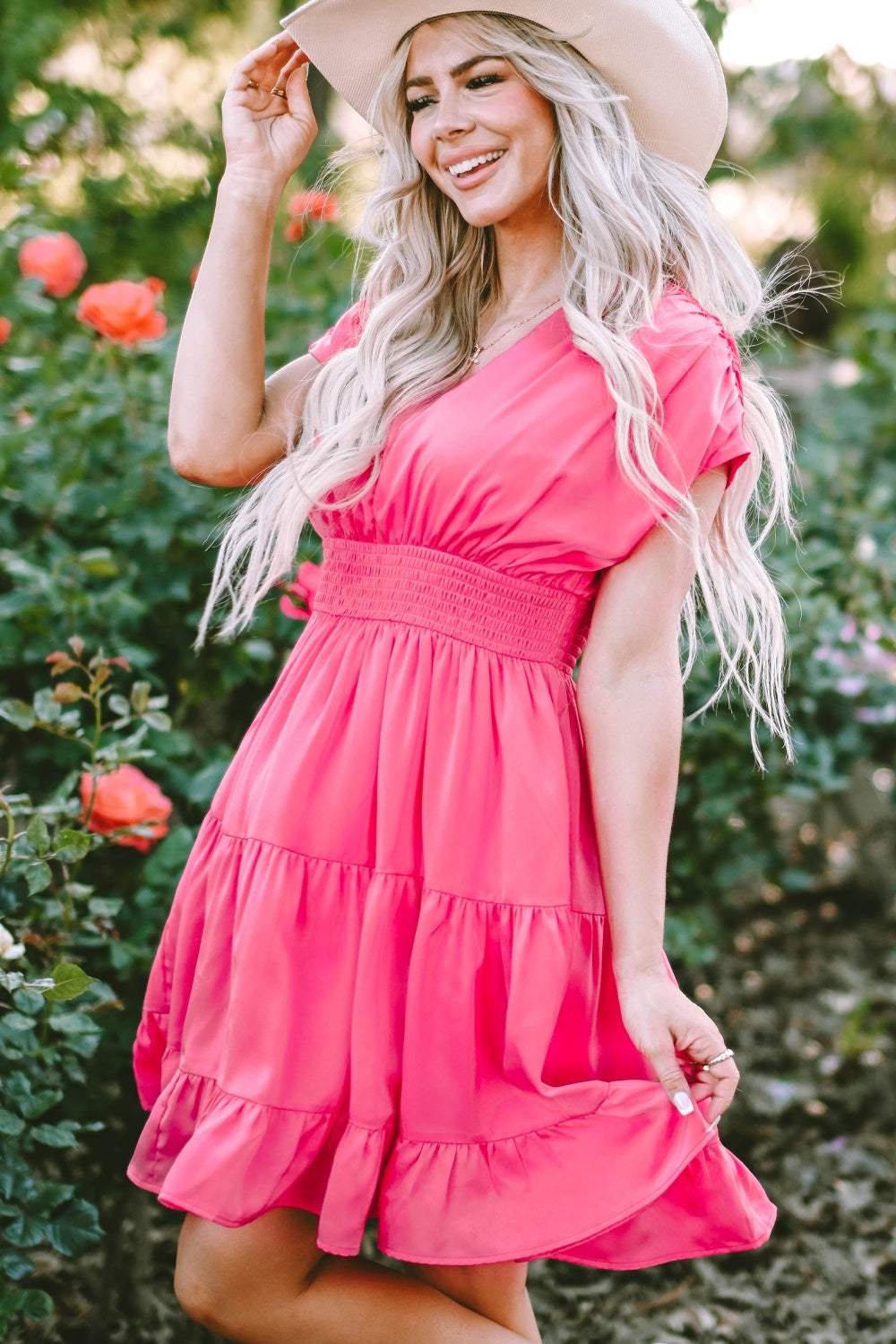 Smocked V-Neck Cap Sleeve Dress - Trendsi - Flyclothing LLC