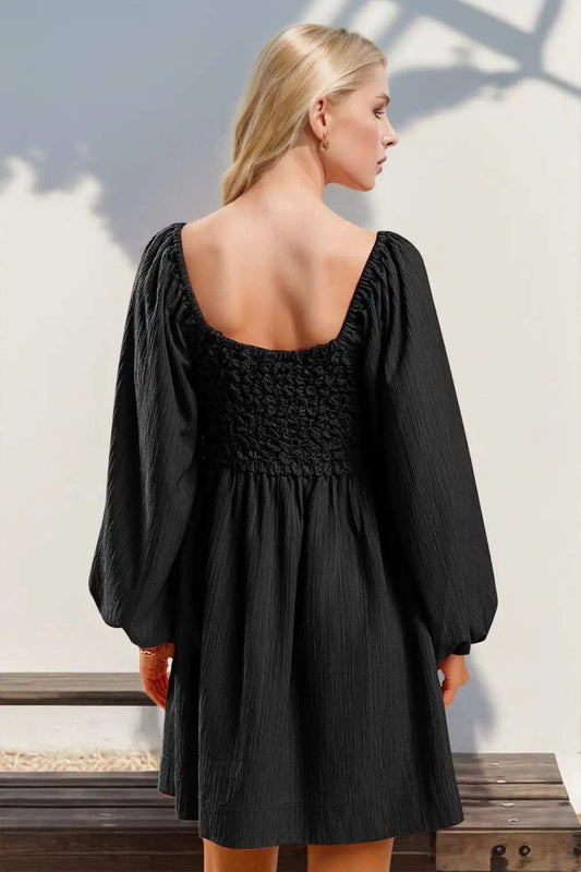 Double Take Texture Smocked Balloon Sleeve Mini Dress - Trendsi - Flyclothing LLC