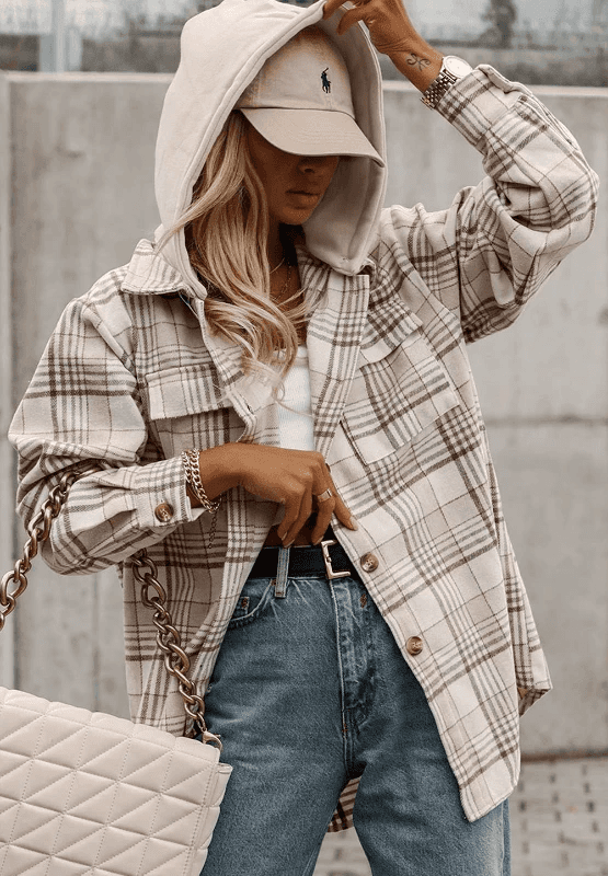 Plaid Removable Hood Button Up Shacket - Trendsi - Flyclothing LLC