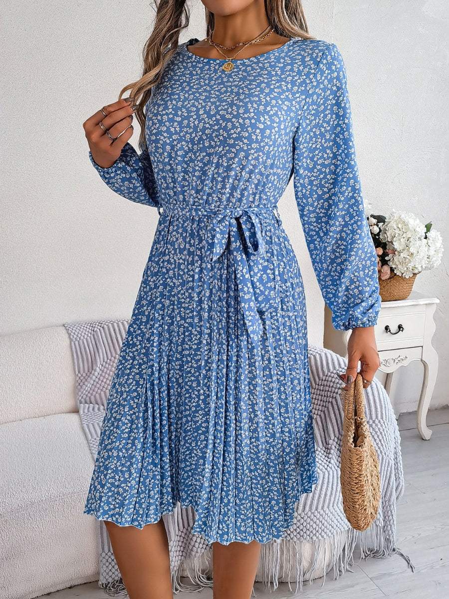 Ditsy Floral Tie Waist Pleated Dress - Trendsi - Flyclothing LLC