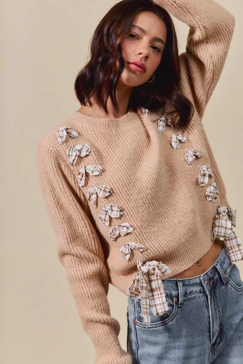 SO ME Checkered Plaid Tape Lace Up Ribbed Sweater - Trendsi - Flyclothing LLC