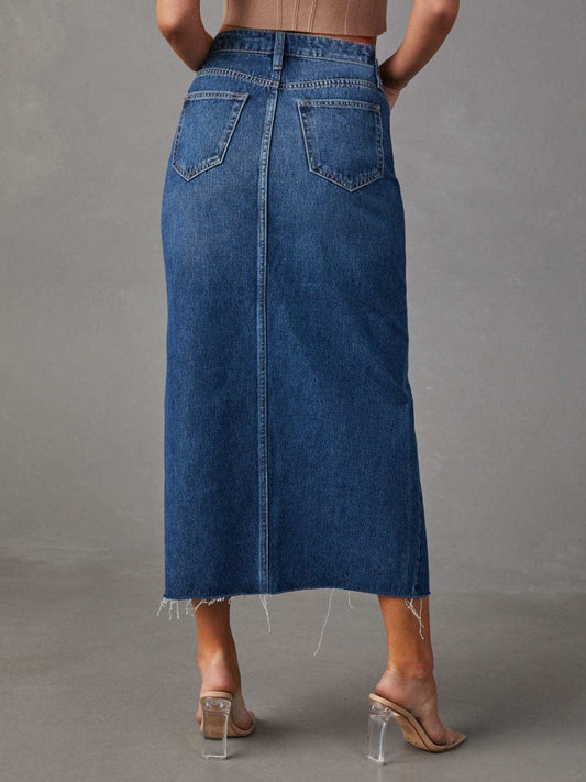 Slit Raw Hem Midi Denim Skirt - Trendsi - Flyclothing LLC