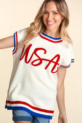 Haptics Letter Embroidery Slit Knit Top - Trendsi