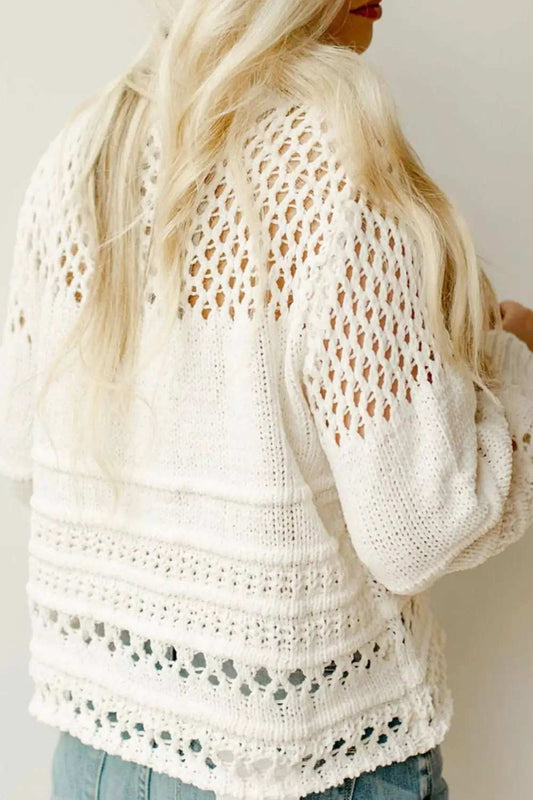 Pointelle Knit Puff Sleeve Sweater - Trendsi - Flyclothing LLC