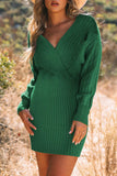 Cable-Knit Surplice Lantern Sleeve Sweater Dress - Trendsi - Flyclothing LLC