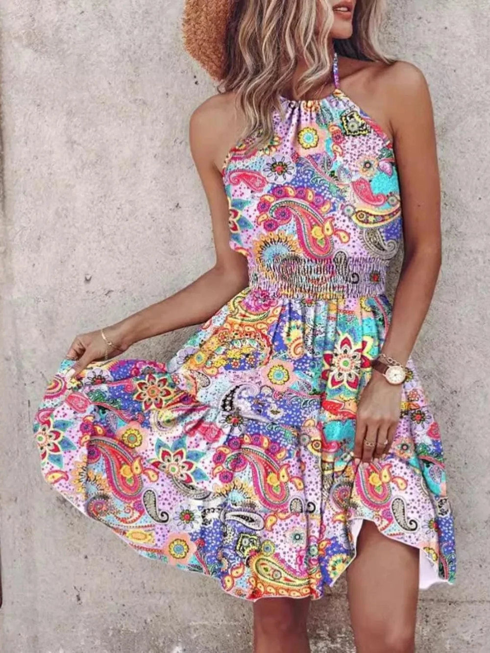 Smocked Printed Halter Neck Mini Dress - Trendsi
