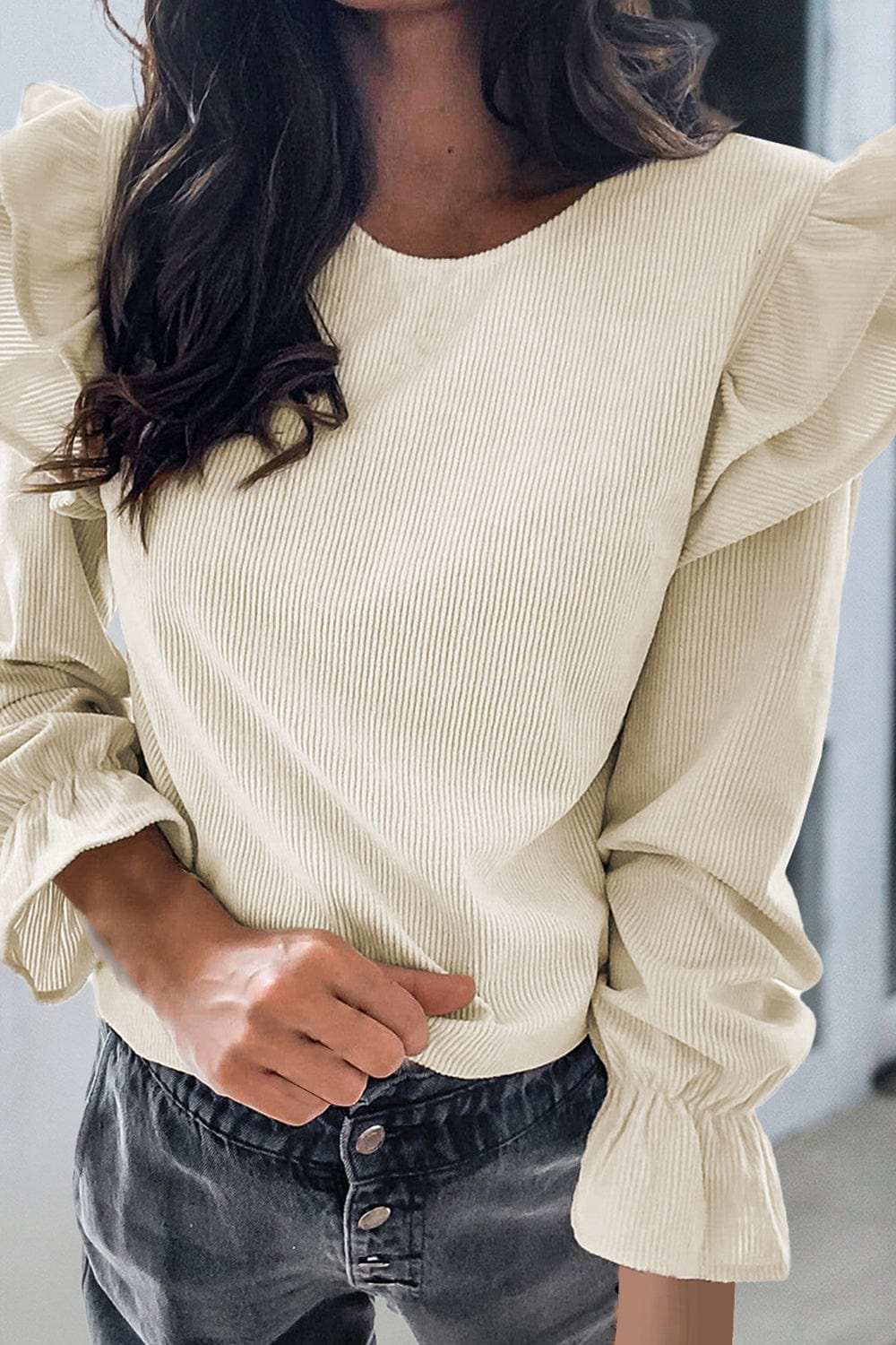 Ruffled Round Neck Flounce Sleeve Top - Trendsi - Flyclothing LLC