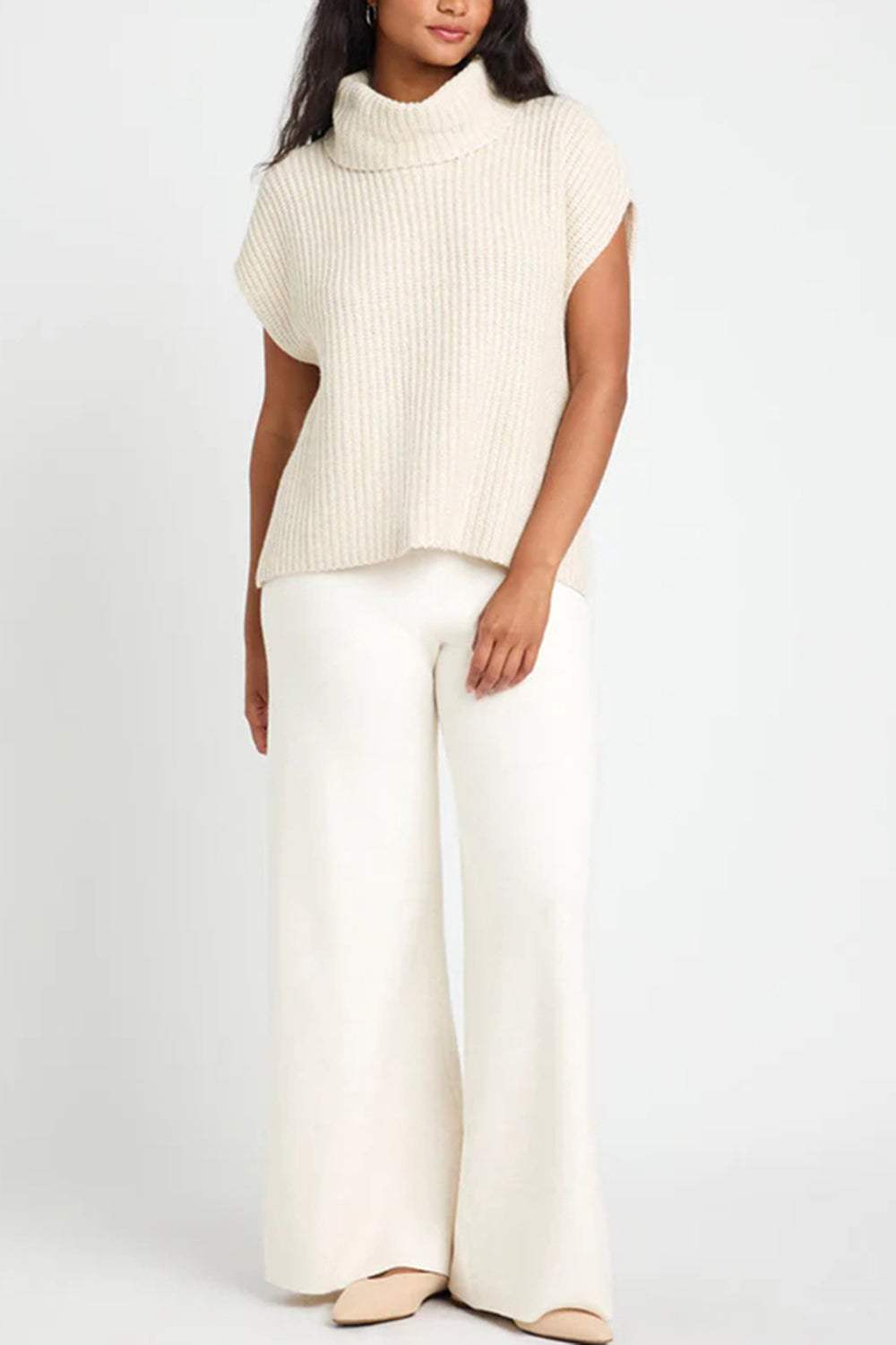 Slit Turtleneck Cap Sleeve Sweater - Trendsi - Flyclothing LLC