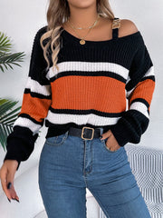 Color Block Asymmetrical Neck Long Sleeve Sweater - Trendsi