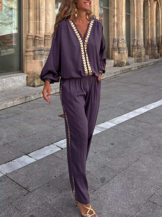 Full Size Contrast Trim V-Neck Top and Pants Set Plus Size - Trendsi - Flyclothing LLC