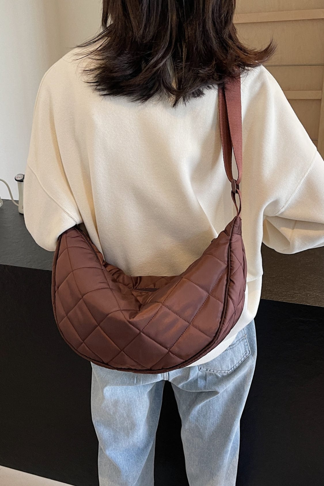 Plaid Quilted Adjustable Strap Crossbody Bag - Trendsi