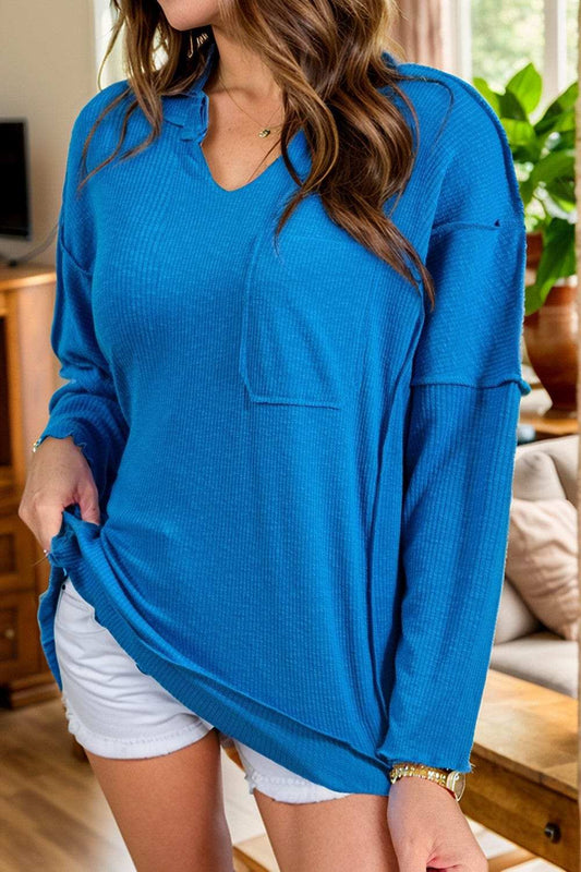 Exposed Seam Notched Long Sleeve Blouse - Trendsi - Flyclothing LLC